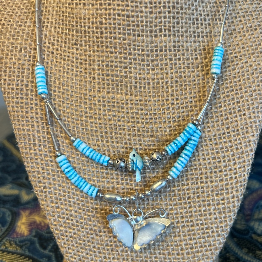Native American Zuni Abalone liquid silver vintage Butterfly Necklace